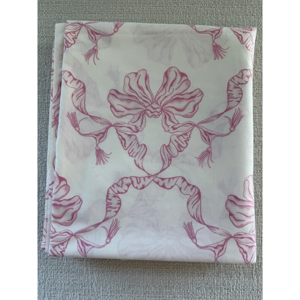 Vintage Cynthia Gibson Queen Flat Sheet Ribbons Bows Tassels Pink White Preowned